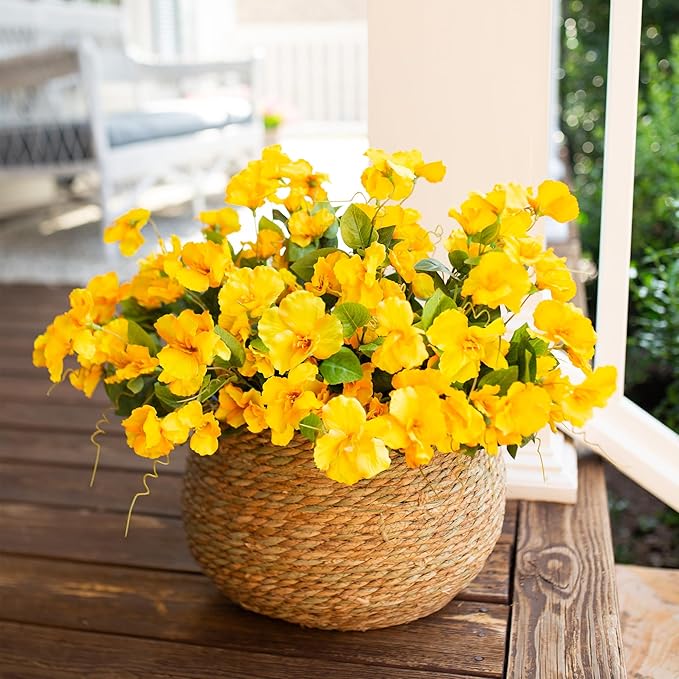 Fake Hibiscus Artificial Flowers for Outdoors Spring Summer Decoration, 6 Bundles Silk Yellow Hibiscus Flowers Bouquet UV Resistant Look Real Faux Plants for Outside Planter Front Door Porch Balcony