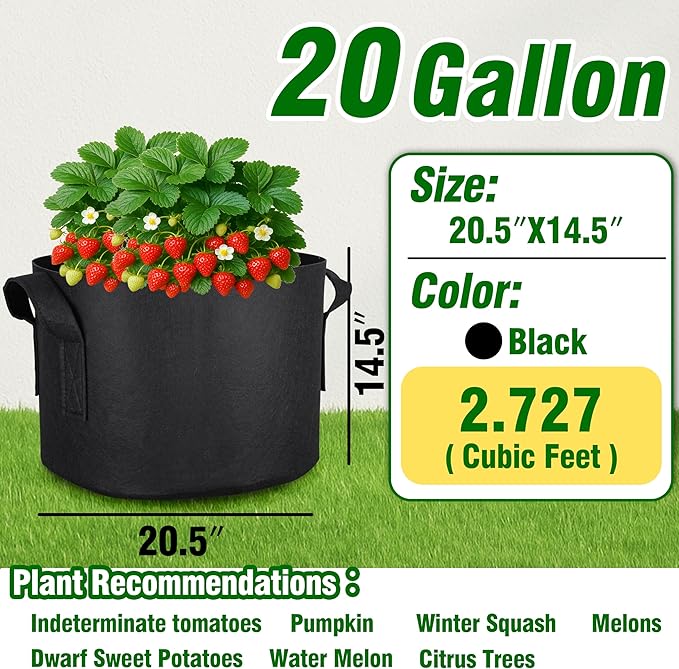 PHYEX 12-Pack 20 Gallon Grow Bags, Heavy Duty Fabric Pots with Handles, Reusable Plant Bags for Vegetable, Herbs & Flowers, BPA-Free, Breathable, Durable