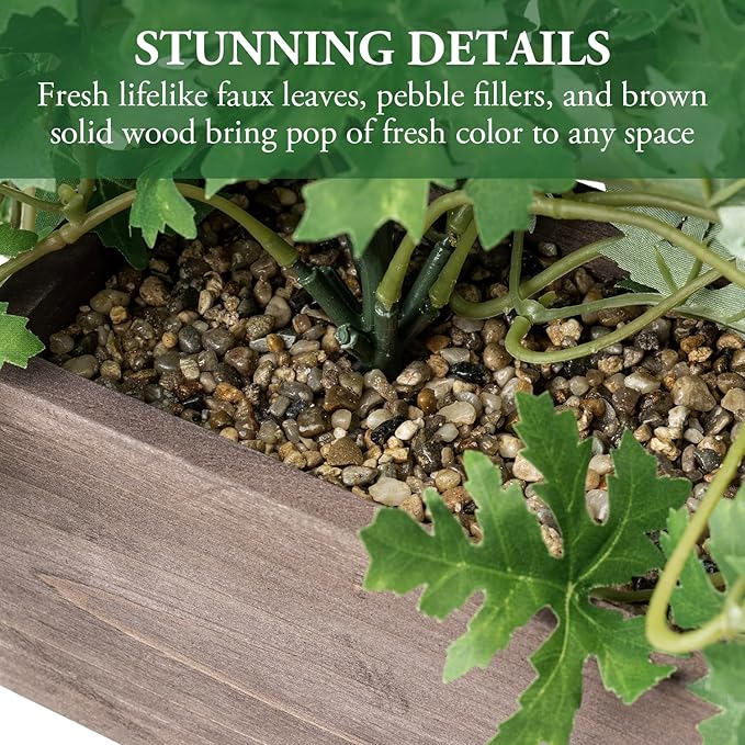 MyGift Vibrant Lifelike Artificial Plant Pelargonium Graveolens Leafy Vine Greenery in Burnt Brown Solid Wood Rectangular Planter Box