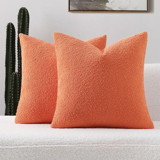 FUTEI Pack of 2 Orange Decorative Throw Pillow Covers 22x22 Inch Soft Cozy Solid Boucle Textured Cushion Case,Modern Home Decor for Couch Bed Living Room