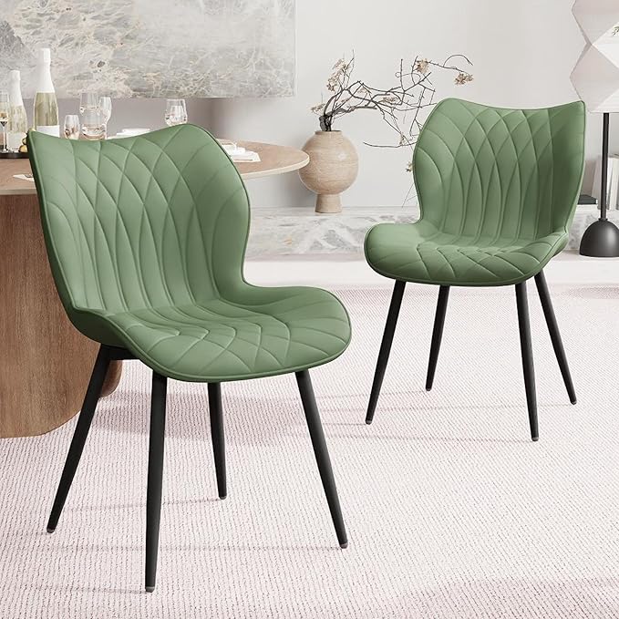 YOUNIKE Dining Chairs Set of 2, Upholstered Faux Leather Kitchen Dining Room Chairs, Modern Living Room Bedroom Side Chairs with Wide Curved Back and Metal Legs, Olive Green
