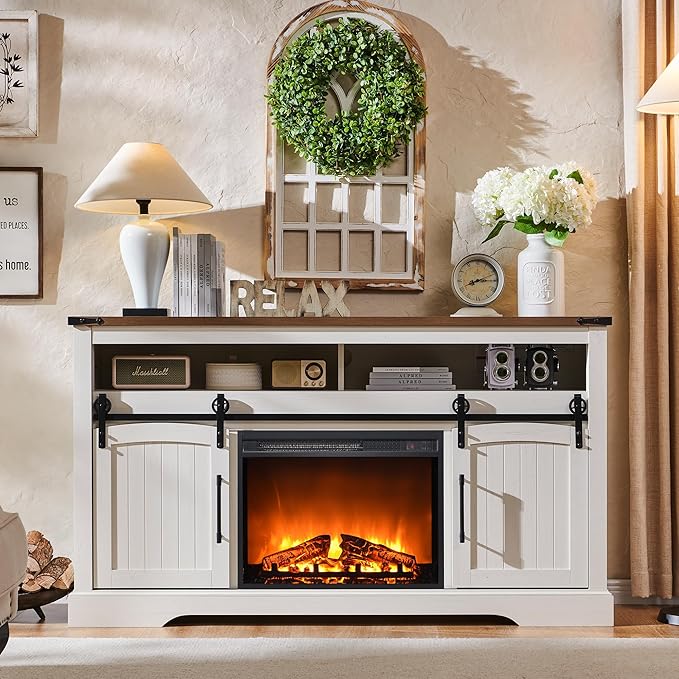 OKD Farmhouse Fireplace TV Stand for 70 Inch TV, 33" Tall Highboy Entertainment Center w/Electric Fireplace, Rustic Media Console w/Sliding Arched Door for Living Room,Antique White