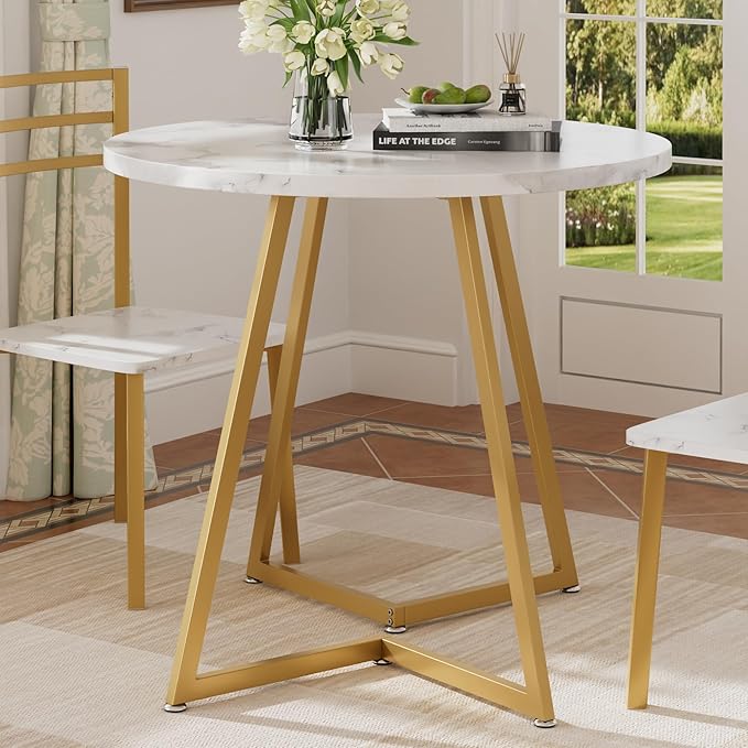 VECELO Round Dining Room Table with Wood Grain Tabletop and Steel Frame, for Kitchen, Living Room, Office, Conference, 2 to 4 Person, White & Gold