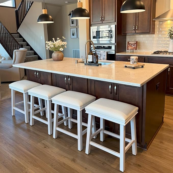 PHI VILLA Bar Stools Set of 3 - Solid Wood Legs Counter Height Barstools with Upholstered Saddle Seat, 24 inch Kitchen Counter Island Stools