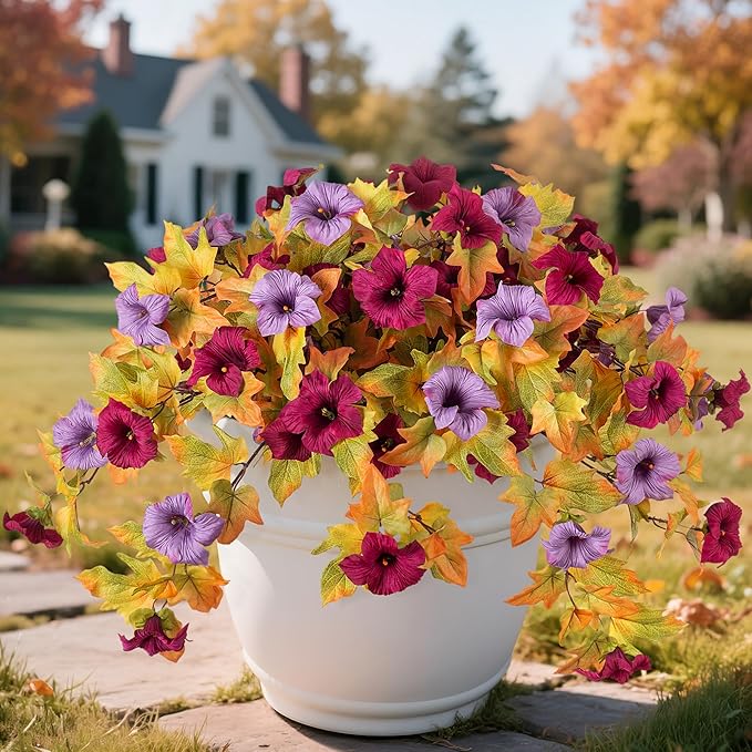 Fall Flowers Artificial for Decoration Fake Petunias Plants for Outdoor, 2PCS Autumn Silk Faux Flower UV Resistant No Fade Floral for Garden Balcony Yard Porch Realistic Indoor Decor (Burgundy Purple)