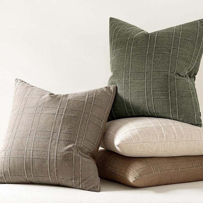 MIULEE Decorative Linen Check Euro Shams Throw Pillow Covers Neutral Farmhouse Vintage Pillow Covers 24x24 Set of 2 Boho Modern Winter Home Decor for Sofa Couch Bedroom Cushion Tan Taupe