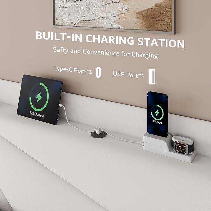 iPormis King Size Bed Frame with Charging Station, Velvet Platform Bed Frame with Wingback Headboard Upholstered Bedframe, Solid Wood Slats Support, No Box Spring Needed, Easy Assembly, White