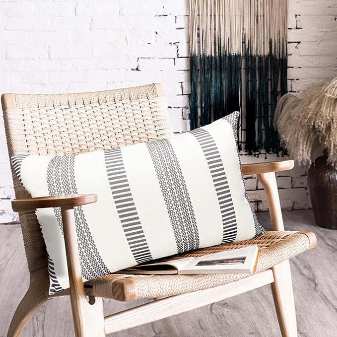 Decorative Throw Pillow Covers Set of 2 Light Gray Boho Striped Pillow Covers 12x20 Inch Throw Pillow Cover Linen Pillowcase Farmhouse Outdoor Pillow Covers for Couch Sofa Bed Living Room