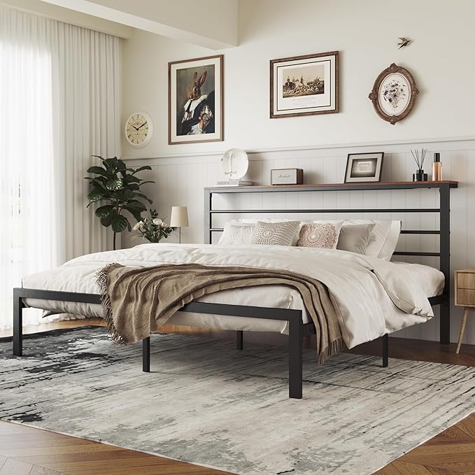 MUTICOR King Size Metal Platform Bed Frame with Shelf Headboard, No Box Spring Needed, Easy Assembly, Brown Shelf