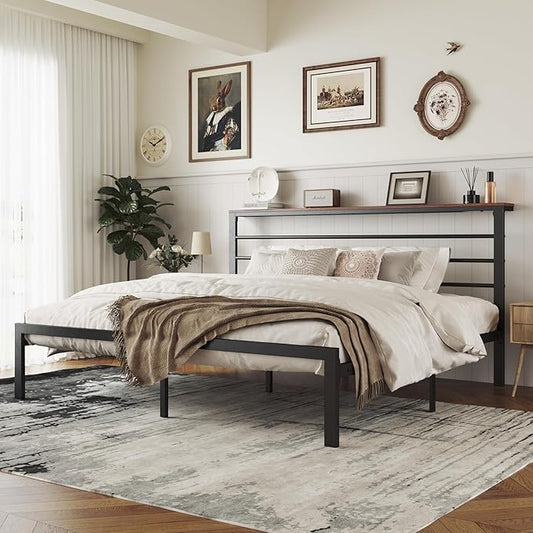 MUTICOR King Size Metal Platform Bed Frame with Shelf Headboard, No Box Spring Needed, Easy Assembly, Brown Shelf