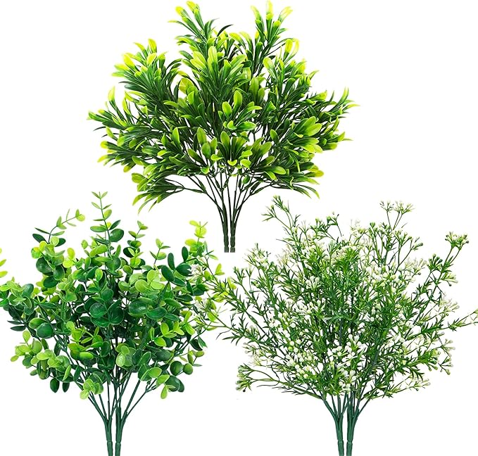 Ouddy Decor 6 Bundles Artificial Greenery Stems Mixed Fake Plants Eucalyptus Stems Babys Breath Faux Plastic Artificial Plants & Flowers for Outdoor Indoor Garden Home Window Box Decor