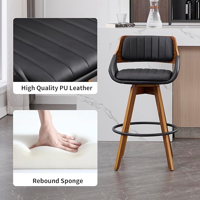Swivel Bar Stools Set of 2, Walnut Counter Height Bar Stools with Back and Arms, 26" Modern Faux Leather Upholstered Bar Chairs for Kitchen Island Bar-Black