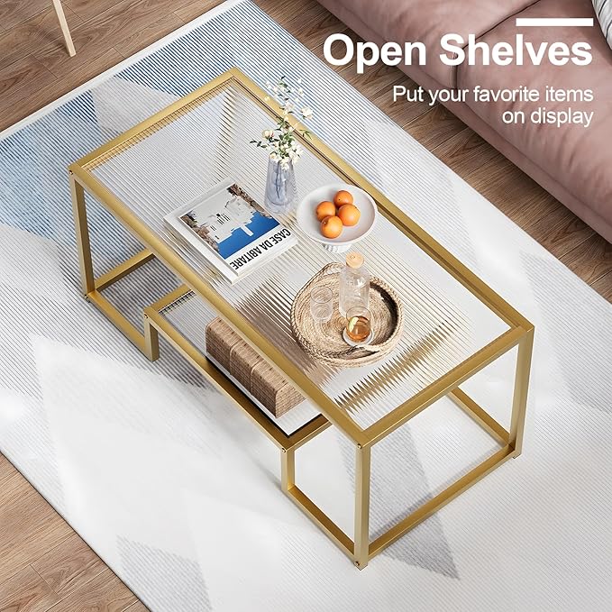 Coffee Table Gold Glass Coffee Table for Living Room,2 Tiers Rectangle Center Table with Ribbed Glass Top and Sturdy Metal Frame,Modern Glass Accent Table for Bedroom Home Office