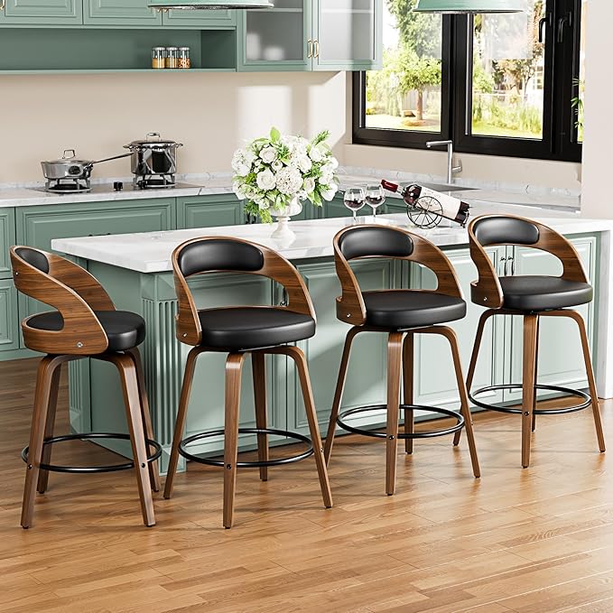 Bar Stools Set of 4, 26" Swivel Counter Height Bar Stools with Bentwood Legs and Back, Mid Century Modern Faux Leather Upholstered Counter Stools for Kitchen Island, Bar, Restaurant, Black