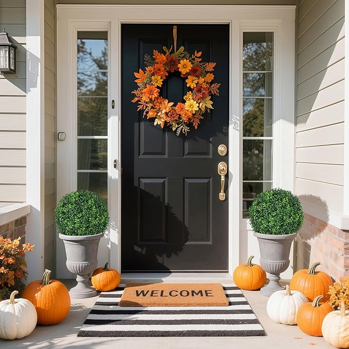 25.6'' Faux Outdoor Plants with Spike, 1PCS UV Resistant Artificial Boxwood Balls Topiary Tree Outdoor, Realistic Fake Plants Outside for Balcony Yard Garden Porch Entryway Front Door Decor