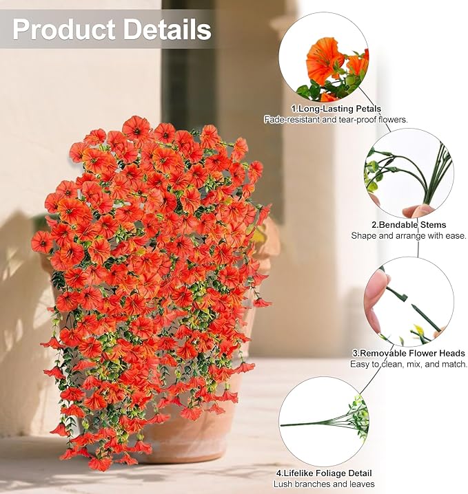 Artificial Flowers for Outdoors Decoration, 4Pcs Fake Hanging Flowers Morning Glory UV & Fading Resistant, Artificial Faux Plants Deocr for Home Porch Patio Balcony Planter Yard Garden Farmhouse