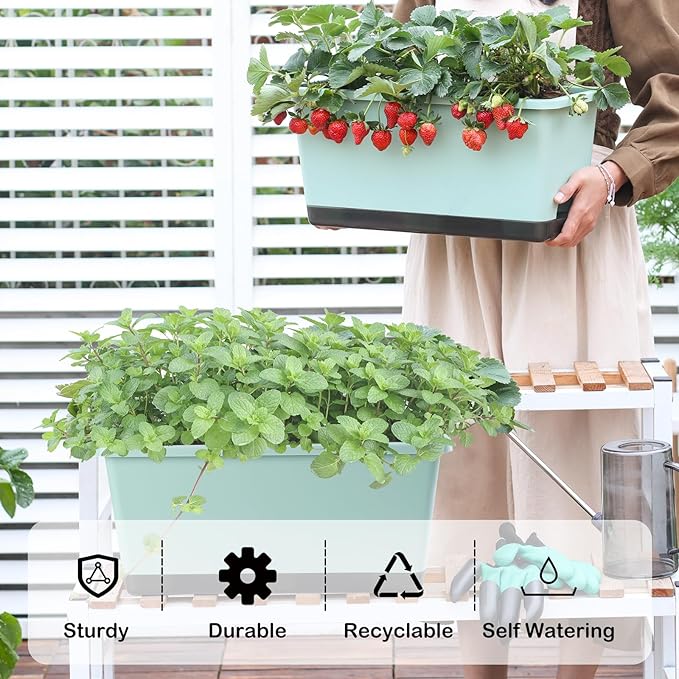 Window Box Planter 6 Pcs, 17 Inches Rectangle Flower Pots with Drainage Holes and Trays, Vegetable Planters for Windowsill Patio Garden Balcony Home Porch Yard Indoor Outdoor (Green, 17*7.4*7.8 inch)