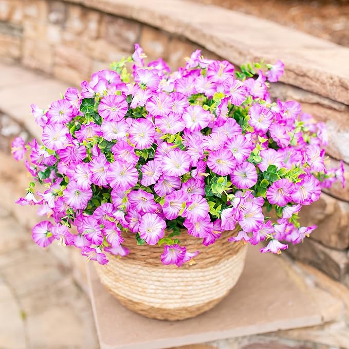 Artificial Flowers Fake Plants for Outdoors Decoration, 12 Bundles Purple Silk Morning Glory with Eucalyptus Realistic UV Resistant Faux Flowers Greenery for Outside Planter Yard Garden Home Indoor