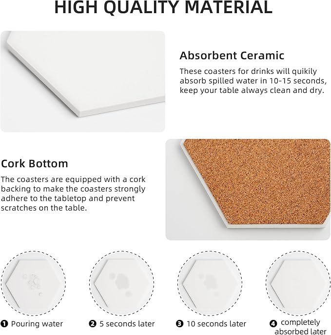 Sublimation Blanks Drink Coasters - Glazed Round Ceramic Absorbent Coasters with Cork Backing Pads,Thermal Transfer Printing Image, DIY Crafts, Painting, Gifts Wedding, and Home Decor (Hexagon 8)