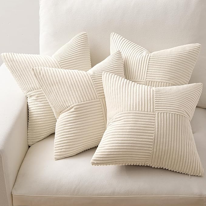 MIULEE Beige Throw Pillow Covers 16x16 Inch Set of 4 Boho Patchwork Cushion Cases Modern Farmhouse Pillow Cases with Invisible Zipper Corduroy Striped Home Decor for Couch Sofa Bedroom