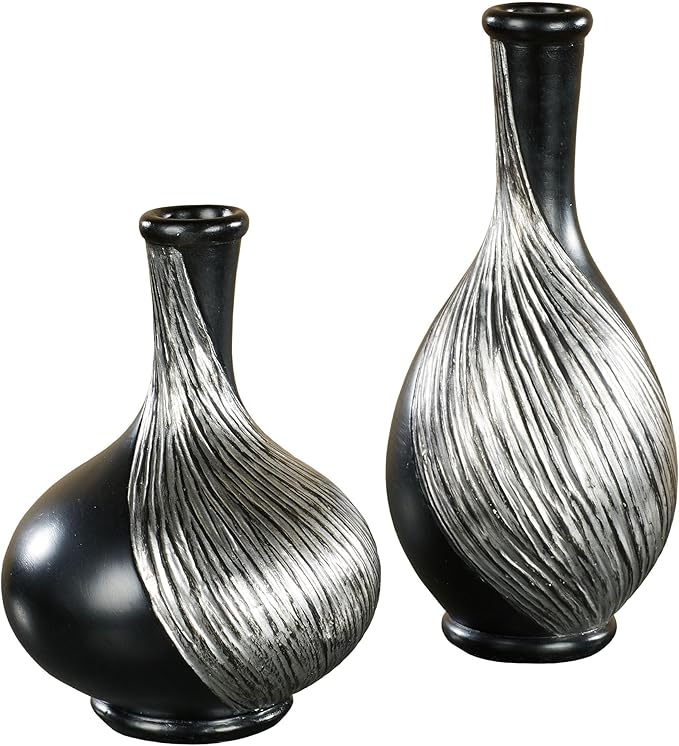 Textured Swirl Silver Black Decorative Modern Table Vases Set of 2