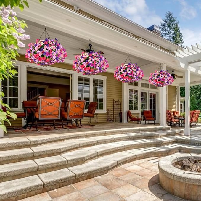 Artificial Hanging Faux Flowers Basket, Fake Silk Petunias Plants Arrangement,for Spring Summer Outdoor Decoration,UV Resistant, Morning Glorias,for Home Garden Decor (PinkPurple)