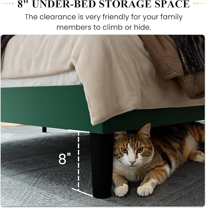 SHA CERLIN Queen Size Velvet Bed Frame with Vertical Channel Tufted Wingback Headboard, Upholstered Platform Bed with Wood Slats, No Box Spring Needed, Easy Assembly, Green