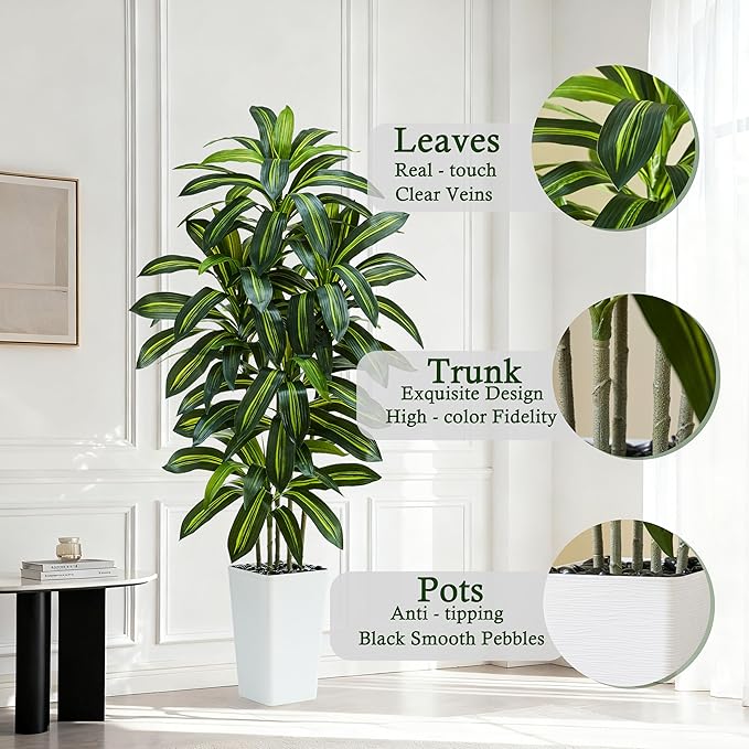 Artificial Dracaena Tree：6FT Faux Silk Tropical Yucca Floor Trees Realistic Fake Green Plant with Natural Wood Trunk & Lifelike Leaves for Home Office Decor Indoor & Outdoor (6FT,1-Pack,White)