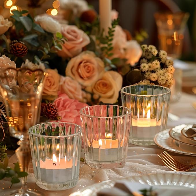 ComSaf Votive Candle Holders, 12 PCS Glass Candle Holders, Ribbed Tealight Candle Holder for Table Centerpieces, Clear Candle Holder for Wedding, Home Decor, Party, Baby Shower, Special Occasions