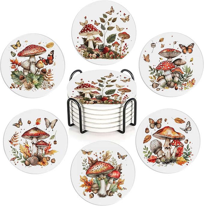 Drink Coasters Set of 6 with Holder, Mushroom Butterfly Absorbent Ceramic Drink Coaster for Tabletop Protection,Suitable for Kinds of Cups,Drinks Coasters for Home Office Decoration(4 Inches)