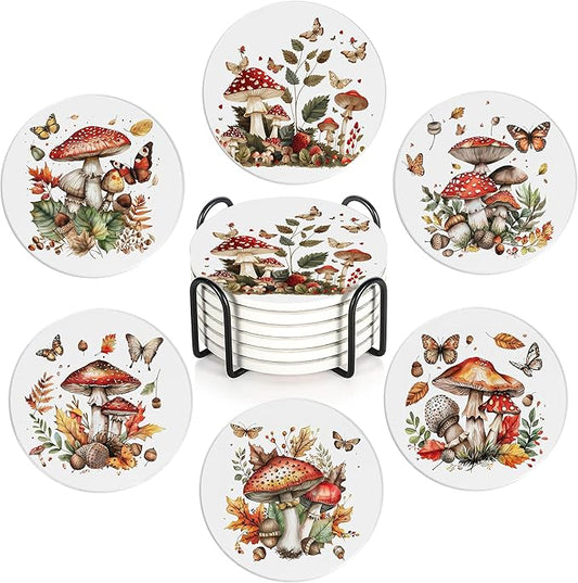 Drink Coasters Set of 6 with Holder, Mushroom Butterfly Absorbent Ceramic Drink Coaster for Tabletop Protection,Suitable for Kinds of Cups,Drinks Coasters for Home Office Decoration(4 Inches)
