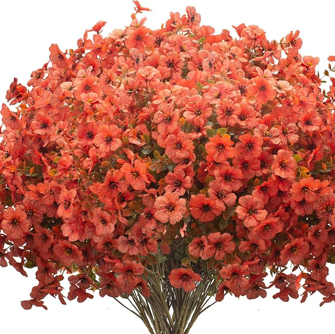 Fall Outdoor Artificial Flowers 16 Bundles - UV Resistant Faux Daisy with Eucalyptus Leaves, Weatherproof Fake Plants for Porch, Patio, Garden Decor, Indoor Outdoor Decor (Fall Orange Red)