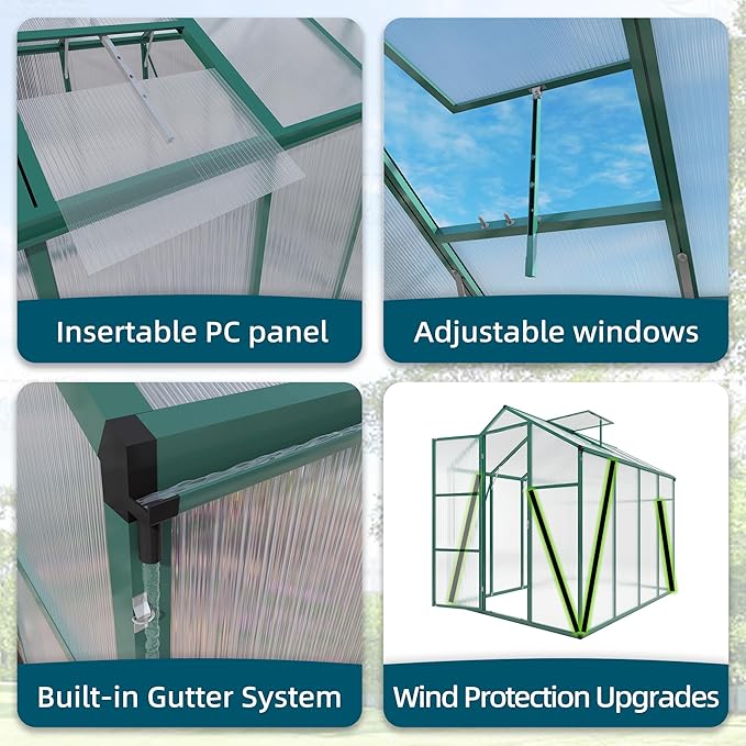 86in High 6*10.2FT Greenhouse for Outdoors, Polycarbonate Greenhouse with Stronger Wind Protection and Roof Vent, Walk-in Large Aluminum Sunroom Winter Proof, Green