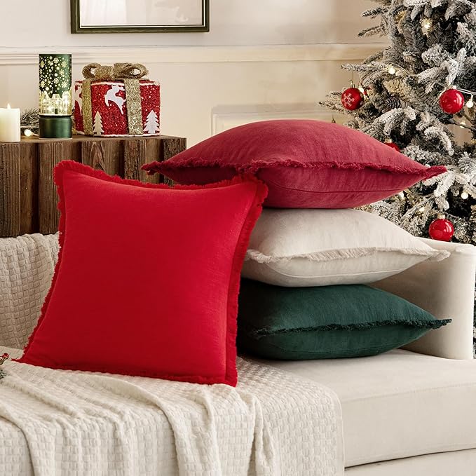MIULEE Linen Pillow Covers 20x20 Inch Decorative Throw Pillows with Fringe Pack of 4 Soft Farmhouse Boho Couch Pillows Home Decors for Sofa Cushion Living Room Bed Dark Green and Red