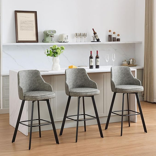 Bar Stools Set of 3, 30" Swivel Bar Height Bar stools with High Back, Faux Leather Kitchen Barstools Bar Height for Kitchen Island (Light Grey, 3PCS 30" Bar Stools)