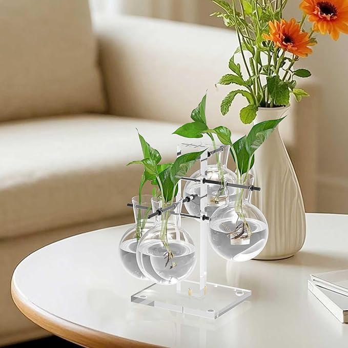 Plant Terrarium with Acrylic Stand Plant Propagation Station Air Planter 4 Bulb Glass Vase Metal Swivel Holder Plant Gift for Hydroponics Home Garden Office Decoration
