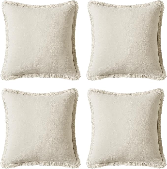 MIULEE Linen Pillow Covers 18x18 Inch Natural Beige Decorative Throw Pillows with Fringe Pack of 4 Soft Farmhouse Boho Couch Pillows Home Decors for Sofa Cushion Living Room Bed