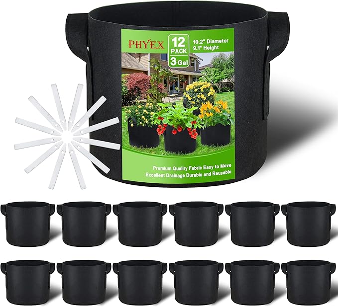 PHYEX 12-Pack 3 Gallon Grow Bags, Heavy Duty Fabric Pots with Handles, Reusable Plant Bags for Vegetable, Herbs & Flowers, BPA-Free, Breathable, Durable
