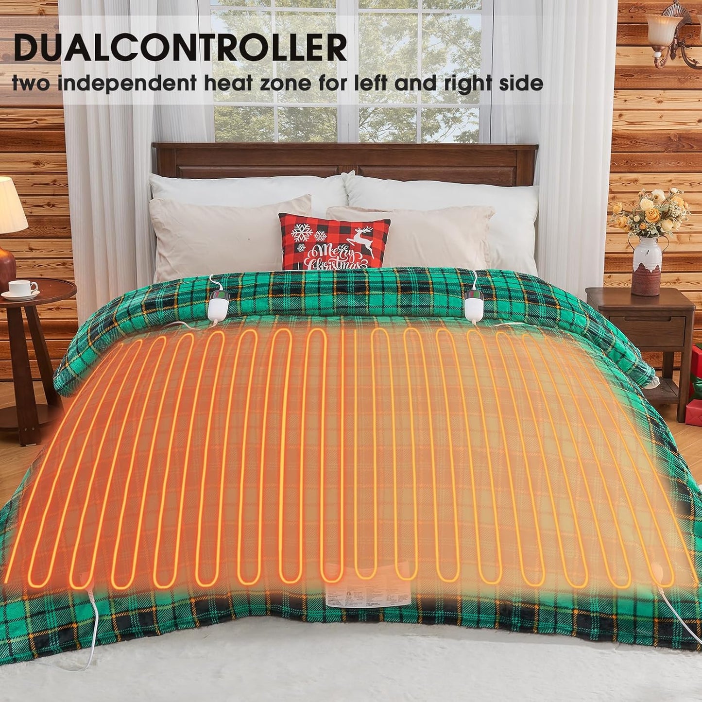 Electric Heated Blanket King Size, 90X100 Christmas Blanket with Dual Control&10 Heats Levels&Timer for Bed,Large Green Plaid Soft Sherpa Heating Blankets Warmer Gifts for Grandma Women Adults, ETL