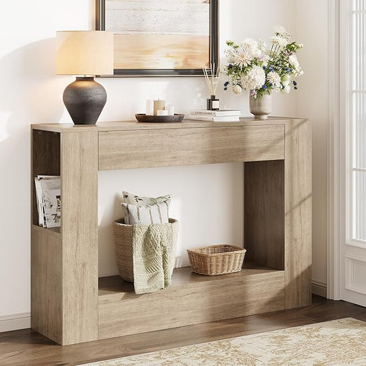 Farmhouse Console Table with Drawer, 47'' Wood Entryway Table with Storage Shelves, Narrow Sofa Table Behind Couch for Living Room, Hallway, Foyer (Gray)