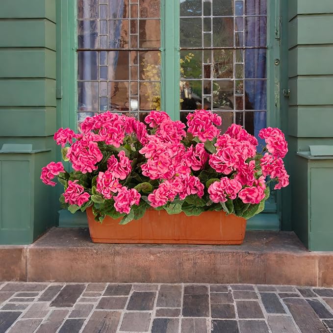 Plastic Flowers for Outdoors Home Decor Fake Plants Artificial Flowers Artificial Geraniums Outdoor Fake Flowers Silk Bouquet Fall Decoration Interior Porch Garden Decor 14.4"(Rose Red) 8PCS