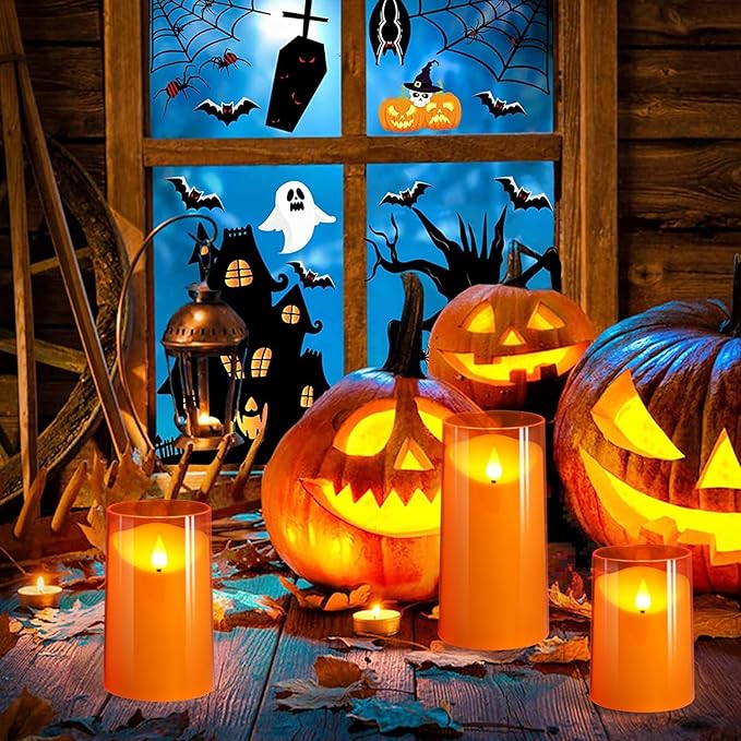 NURADA Flameless Candles with Remote Timers - 3D Wick Battery Operated LED Electric Fake Candles Realistic for for Halloween Thanksgiving Dinner Tables Wedding Party Home Fall Decor - 3 Pack Orange