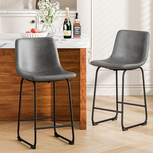 Bar Stools Set of 2, 26 Inches Counter Height Barstools with Back, Modern Faux Leather Bar Stool with Metal Legs and Footrest, Urban Armless Dining Chairs for Kitchen Island (Grey)