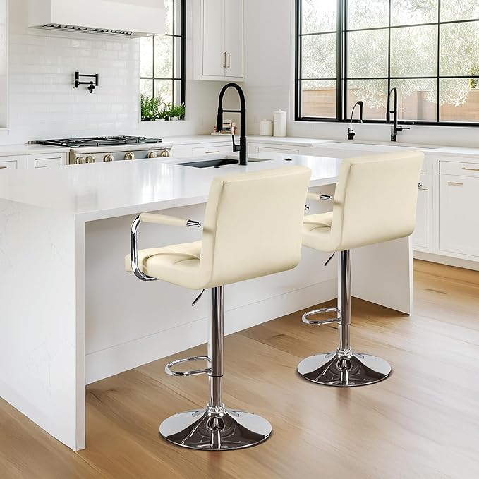 Yaheetech Bar Stools Set of 2, PU Leather Adjustable Swivel Barstools, Hydraulic Kitchen Counter Height Bar Chairs with Armrest and Back for Bar, Kitchen, Dining Room, Beige