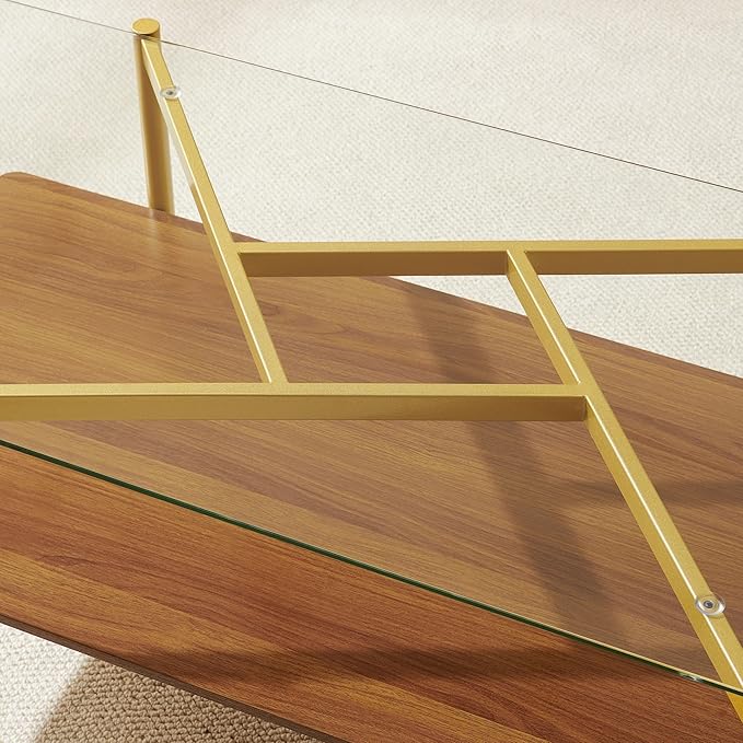 Rectangle Coffee Table, Mid-Century Modern Design, L41*W21*H17 inch, for Living Room, Clear Glass Top and Walnut Finish Wood Shelf, Conical Metal Legs with Gold Finish