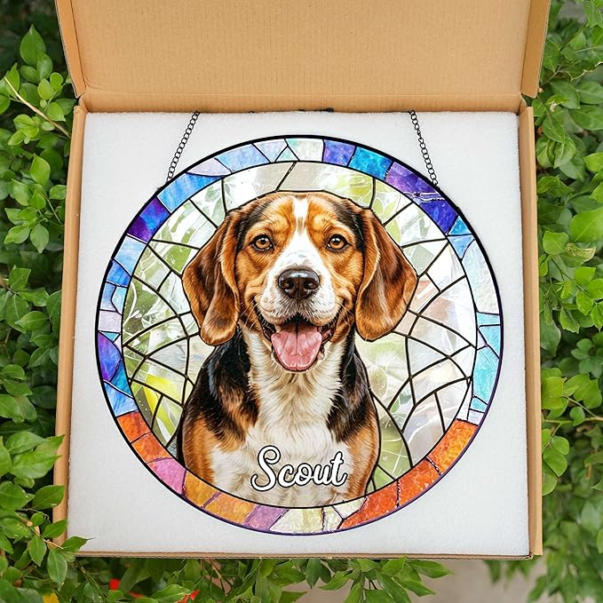 Custom Photo Pet Portrait Stained Glass Suncatcher Personalized Name Pet Image Memorial Ornament Window Hanging Sympathy, Pet Memorial Gift, Gift for Loss of Pet Dog Cat Window Hangings