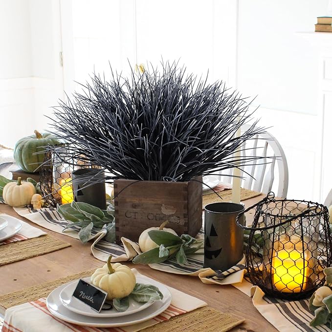 Black and White Plants Halloween Faux Flowers,Artificial Onion Grass Fake UV Resistant Outdoor Shrubs Plants Flowers Greenery Stems Faux Wheat Grass for Garden Home Window Box Porch Decor(Black White)