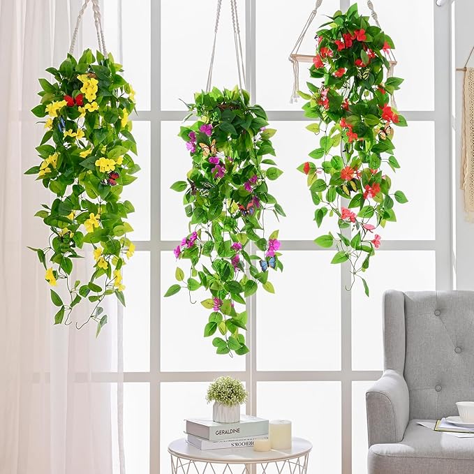 BLEUM CADE Artificial Hanging Flowers for Outdoors, 2pcs Fake Hanging Plants Pothos Vines with Yellow Flowers for Wall Home Living Room Indoor Outdoor Decor (No Baskets)