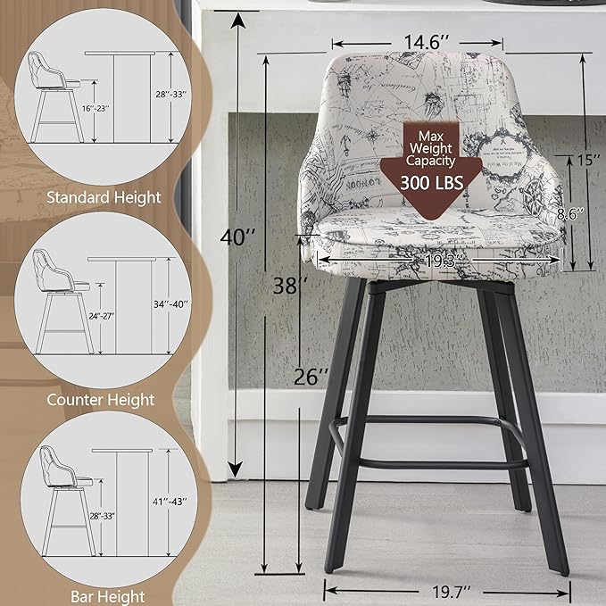 Bar Stools Set of 2, 26" Swivel Counter Height Bar Stools with High Back, Linen Kitchen Barstools Counter Height for Kitchen Island (Beige (Nautical Print), 2PCS 26" Counter Stools)