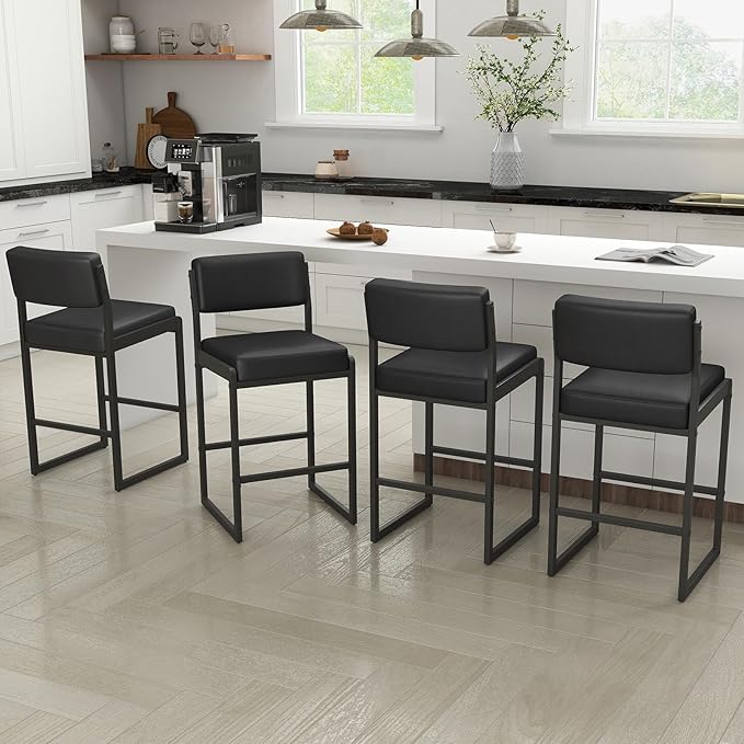 Mid Century Modern Counter Height Bar Stools Set of 3, 26" Bar Height Chairs with Backs, Upholstered Counter Stools, Metal Barstools for Kitchen Island (Black- Faux Leather, 26"H - Set of 4)